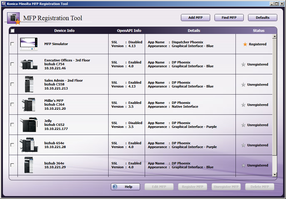 MFP Registration Tool