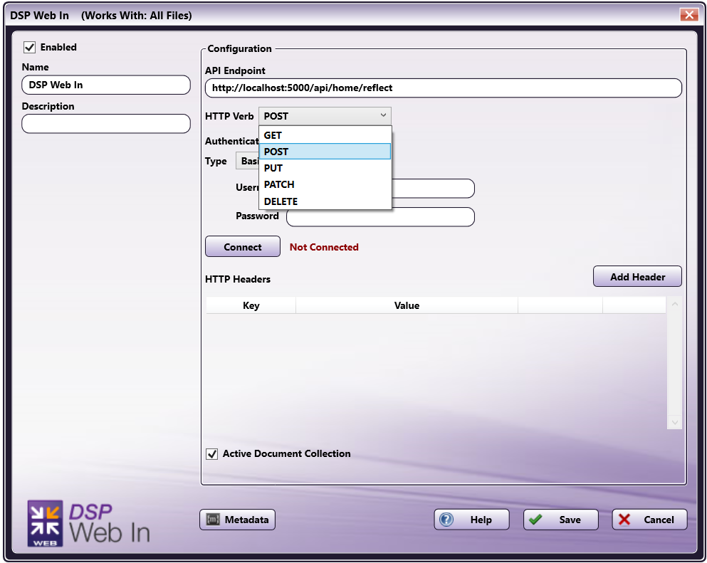 DSP Web In Node with HTTP Verb Dropdown