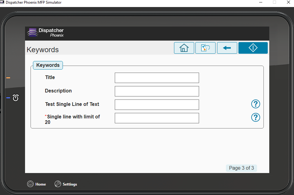MFP display with Index Form Configuration and Keywords Required