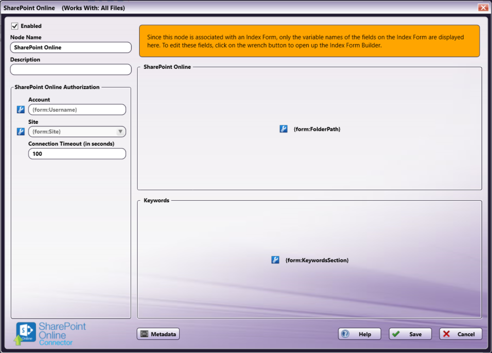 SharePoint Online Node Keywords with Index Form Configuration