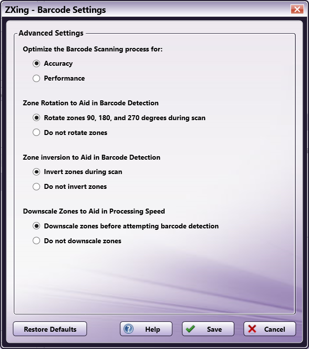 ZXing Advanced Settings