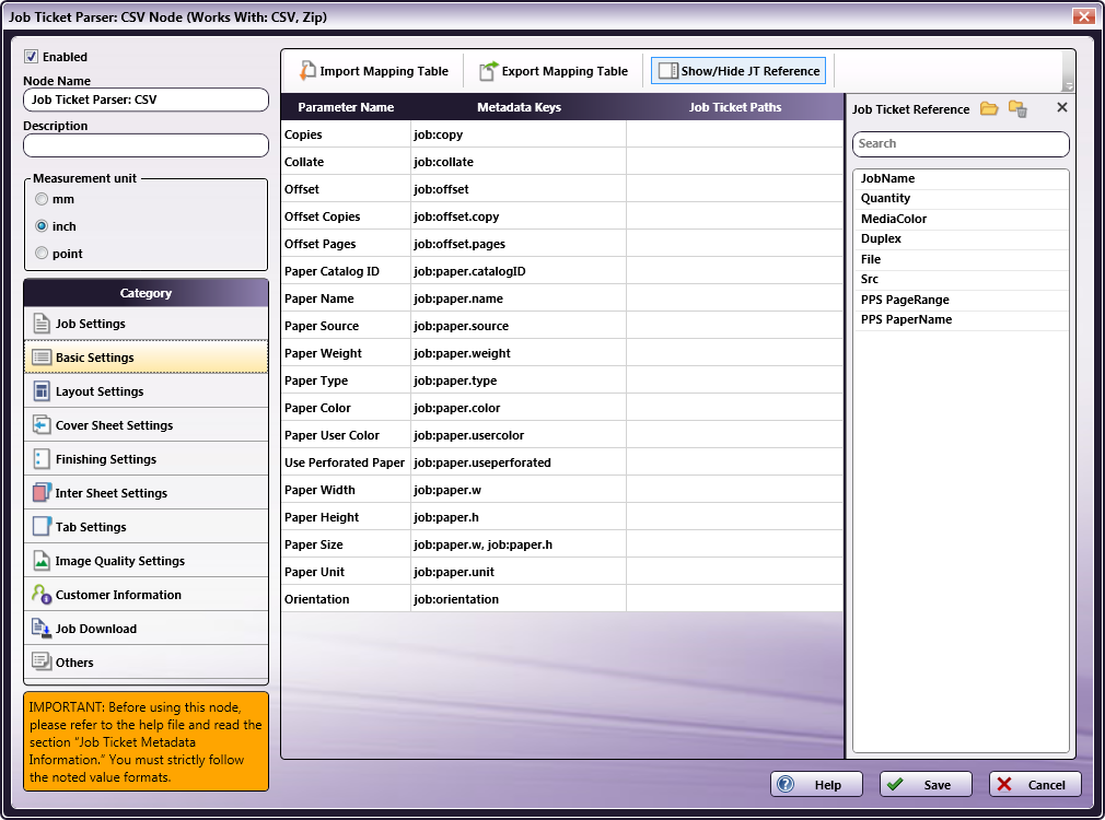 Job Ticket Parser: CSV Node