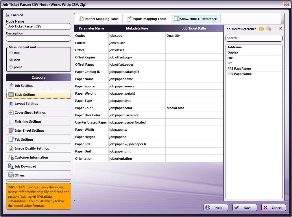 Job Ticket Parser: CSV Node