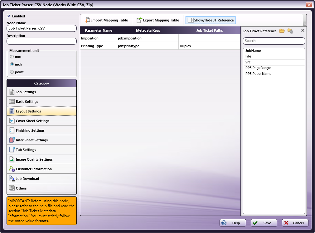 Job Ticket Parser: CSV Node