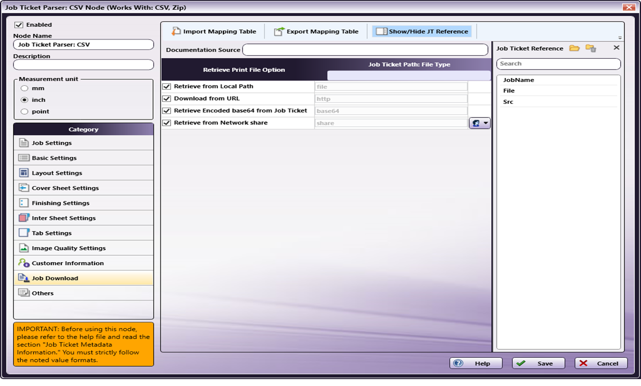 Job Ticket Parser: CSV Node