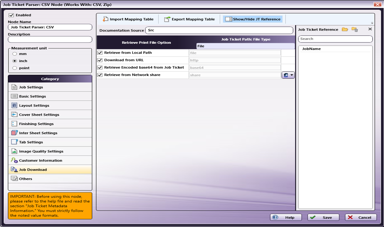 Job Ticket Parser: CSV Node
