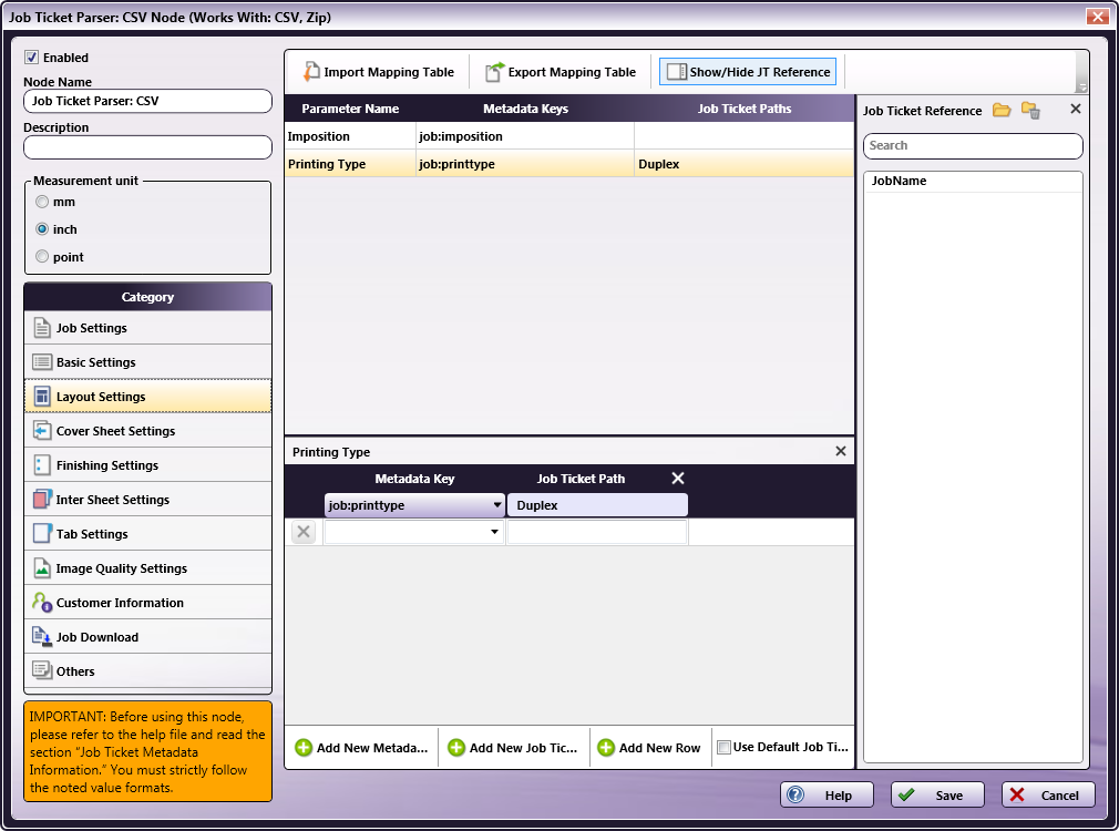 Job Ticket Parser: CSV Node