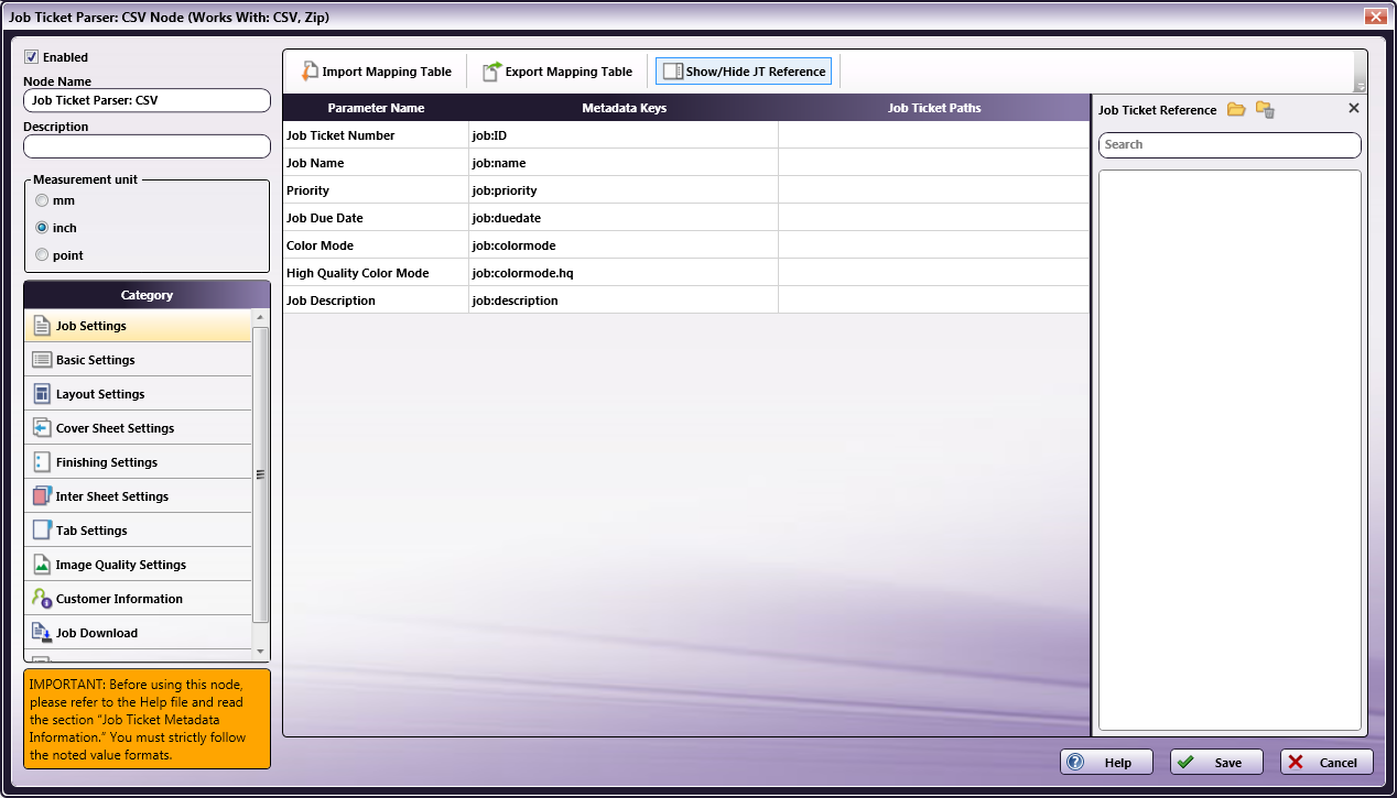 Job Ticket Parser: CSV Node