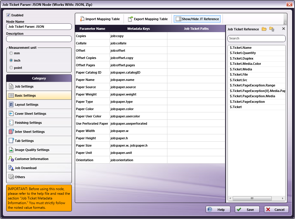 Job Ticket Parser: JSON Node