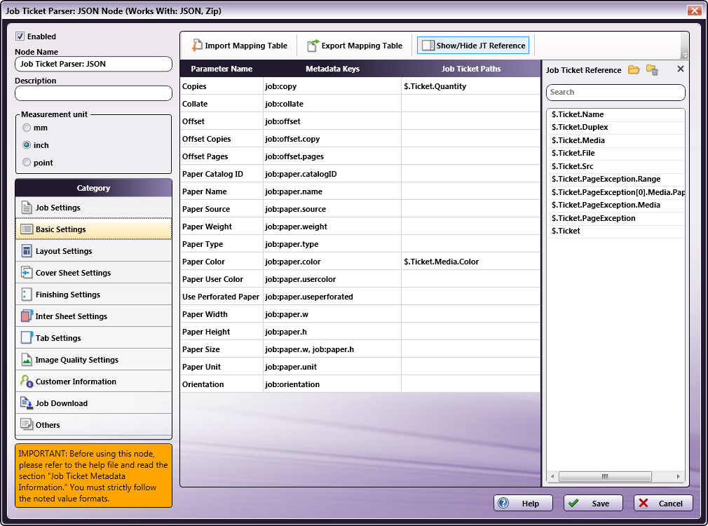 Job Ticket Parser: JSON Node