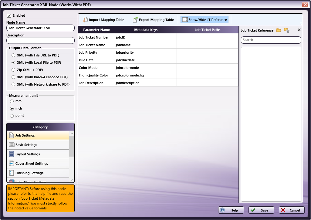 Job Ticket Generator: XML Node