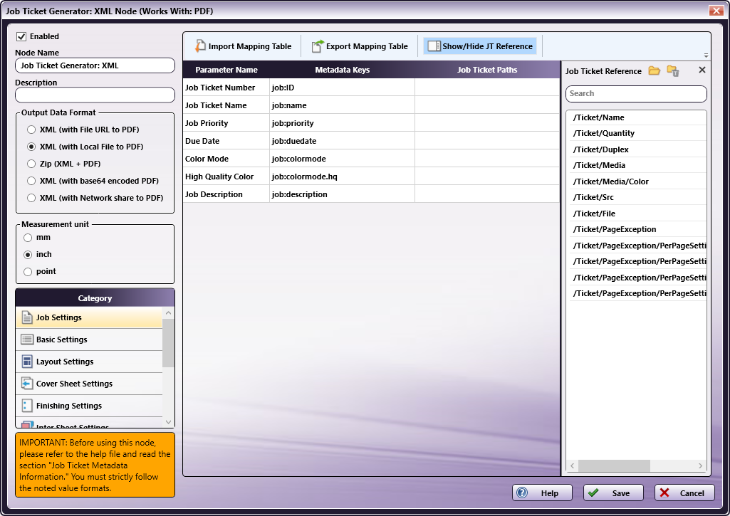 Job Ticket Generator: XML Node