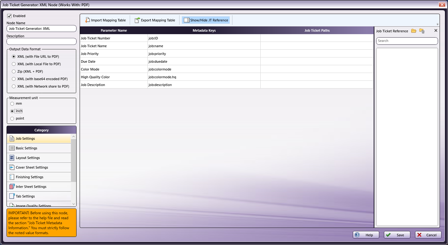 Job Ticket Generator: XML Node